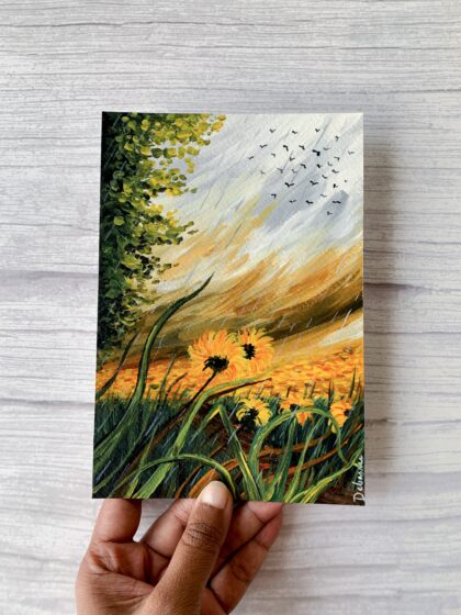 Sunflower Field In Monsoon - Green Landscape Wall Art