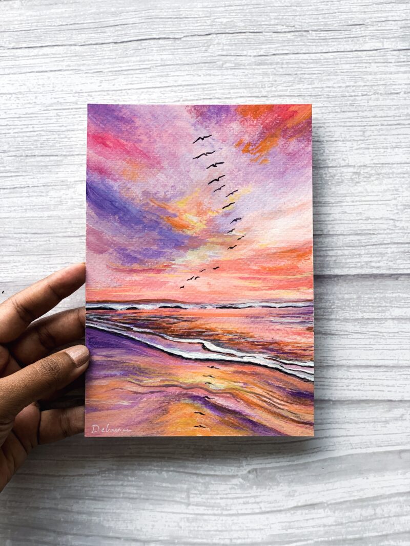 Seascape Painting Wall Art - Pink Orange Waves On The Beach