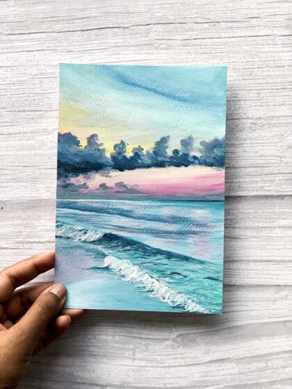 Seascape Painting Wall Art - Blue Waves Pink Sunset